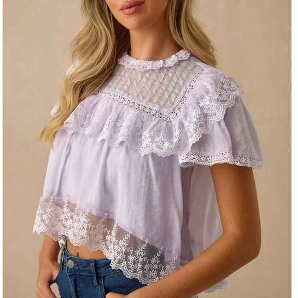 Boho Lace Ruffled Butterfly Sleeve Loose Fit Short Sleeve Blouse - Picture 2 of 5
